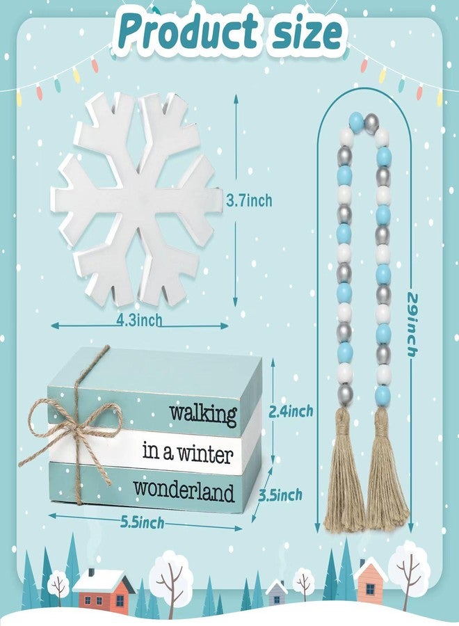 WODOHOLO 5Pcs Winter Wooden Tiered Tray Decor, Wooden Book Stacks Bundle with Snowflake Table Decor, Blue Xmas Rustic Farmhouse Tabletop Centerpieces Home Kitchen Decoration - Image 2